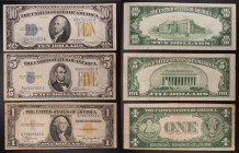 Lotto di 3 biglietti degli Stati Uniti con Timbro Giallo - 1 banconota da 1 Dollaro 1935 (N#202317), 1 banconota da 5 Dollari 1934 (P#414AY) e 1 banco...