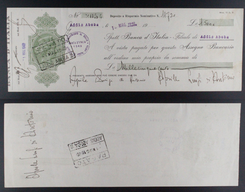 Africa Orientale Italiana - Banca d'Italia - Assegno Addis Abeba da Lire 1500 - ...