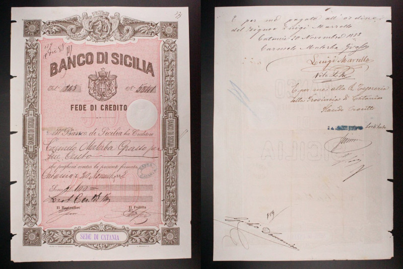 Banco di Sicilia - Sede Catania - Fede di Credito da 100 Lire 20/11/1888

SPL...