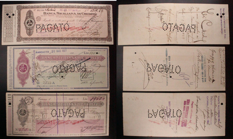 Banca Siciliana di Credito - Sede Palermo - Lotto di 3 Assegni Pagati - 500 Lire...