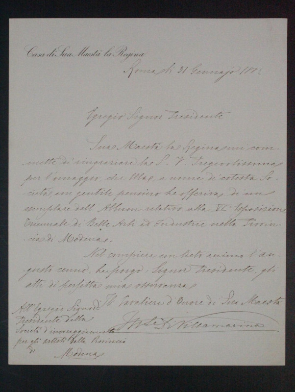 Casa di Sua Maestà la Regina - Lettera autografata del Marchese Montereno Emanue...