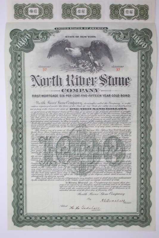 NORTH RIVER STONE COMPANY - SIX PER CENT GOLD BOND - Cedola 1000 Dollari 1910 - ...