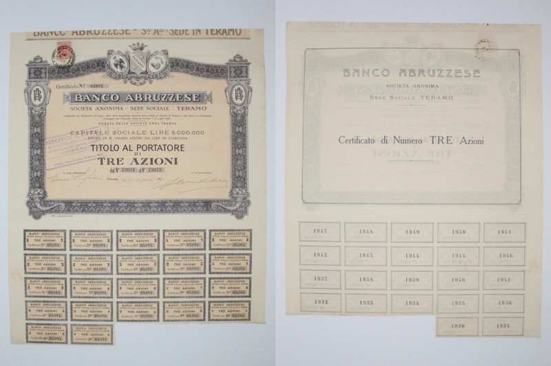 Banco Abruzzese certificato da 3 azioni al portatore - Teramo 20/06/1930

SPED...