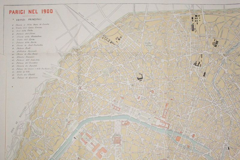 CARTE GEOGRAFICHE - Parigi del 1900 - con elenco dei 30 edifici principali

SP...