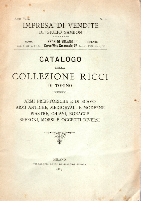 SAMBON Giulio - Milano, 1 - Giugno, 1885. Catalogo della collezione Ricci di Tor...