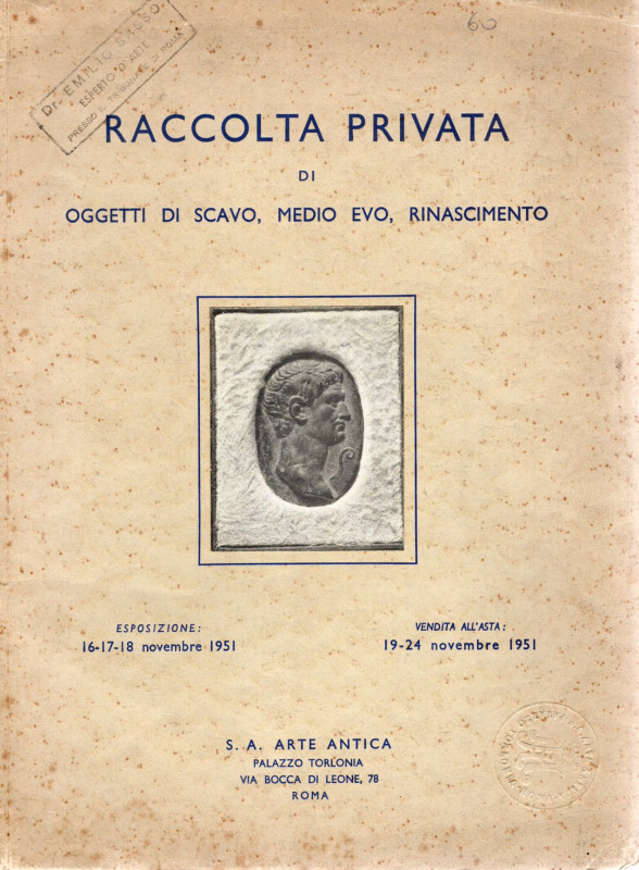 S.A. ARTE ANTICA - Roma, 19\24 - Novembre, 1951. Raccolta privata di oggetti di ...