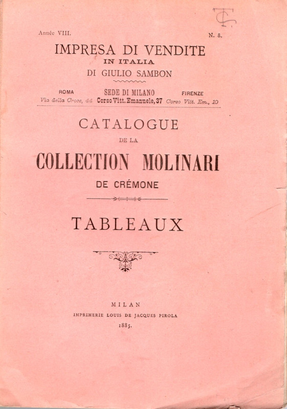 SAMBON Giulio - Asta a Milano, 30 - Novembre, 1885. Catalogue de Tableaux forman...