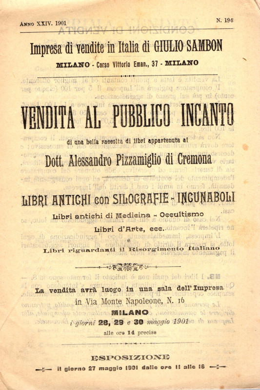 SAMBON Giulio - Asta a Milano, 28\30 - Maggio, 1901. Raccolta Luigi Pizzamiglio ...