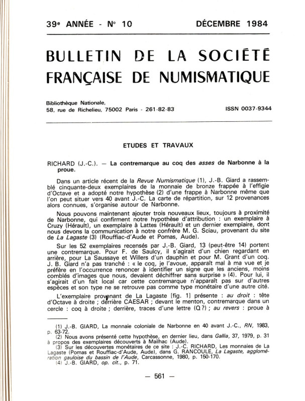 BULLETIN de la SOCIETE FRANCAISE de NUMISMATQUE. 1984, 9 fascicoli. Manca 7. bro...