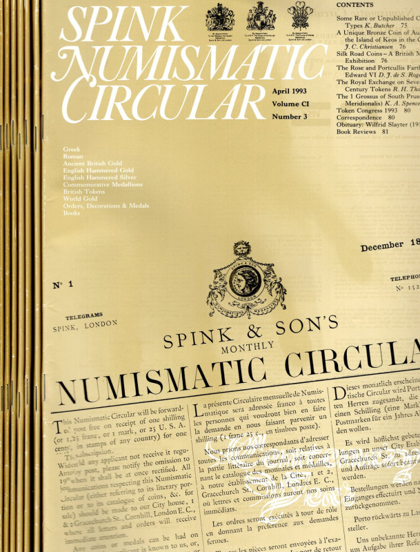 NUMISMATIC CIRCULAR 1993. 8 fasc. ottimo stato. contiene ottimi contributi di nu...