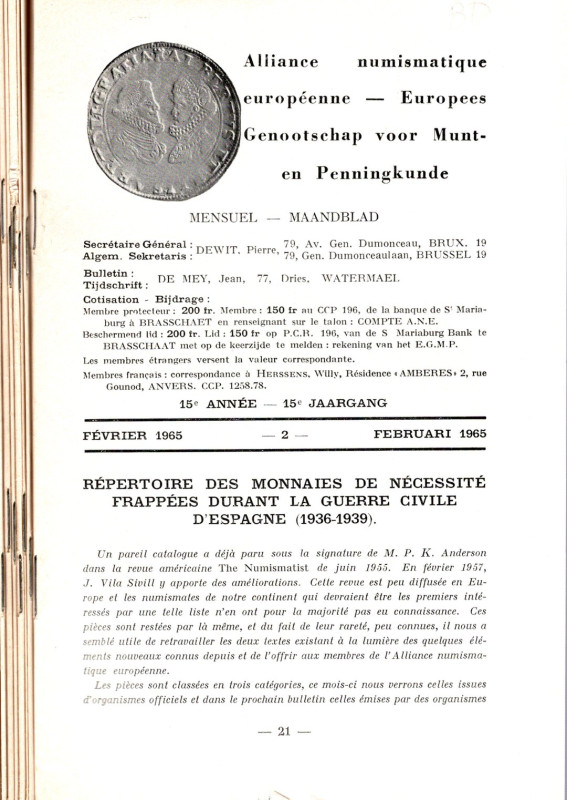 ALLIANCE NUMISMATIQUE EUROPEENNE. 9 fascicoli sciolti dal 1964 n. 11-12, 1965, n...