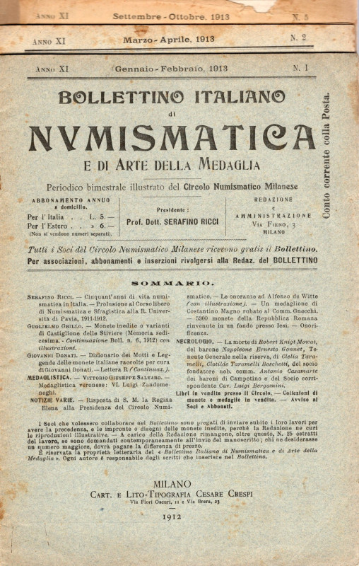 BOLLETTINO di NUMISMATICA e ARTE della MEDAGLIA. Milano, 1913. 3 fascicoli. N. 1...