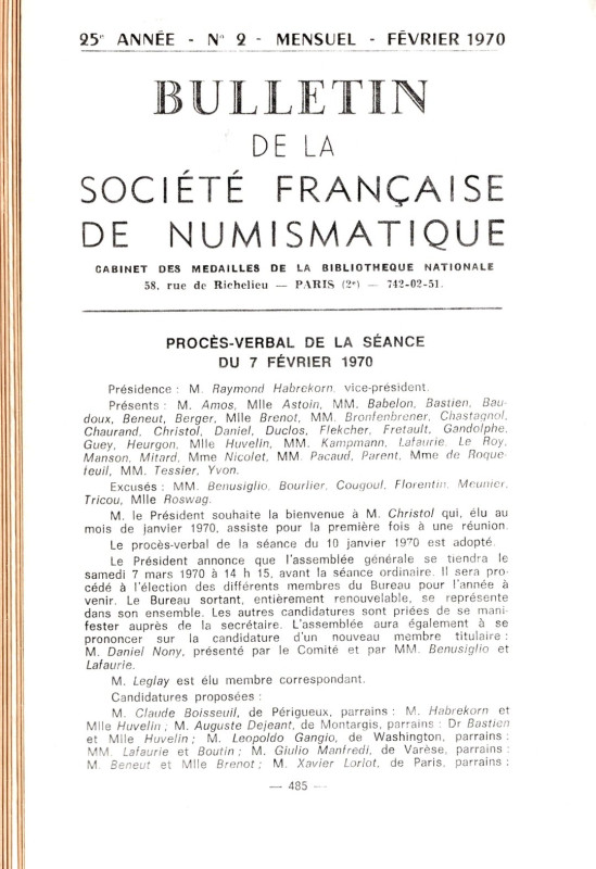 BULLETIN de la SOCIETE FRANCAISE de NUMISMATQUE. 1970, 8 fascicoli, mancano n.1-...