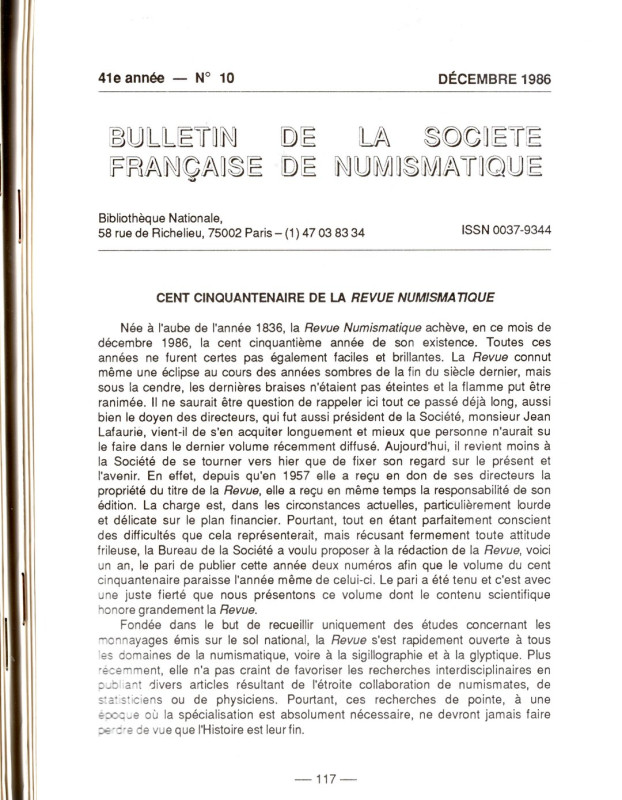 BULLETIN de la SOCIETE FRANCAISE de NUMISMATQUE. 1986, 9 fascicoli manca n.1 bro...