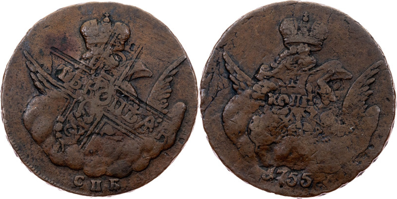 Russia, 1 Kopeck 1755, СПБ, Overstike Russia, Catherine II, 1 Kopeck 1755, СПБ, ...