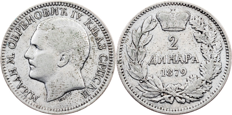 Serbia, 2 Dinars 1879 Serbia, Milan Obrenović IV, 2 Dinars 1879, 10 g, Silver (8...