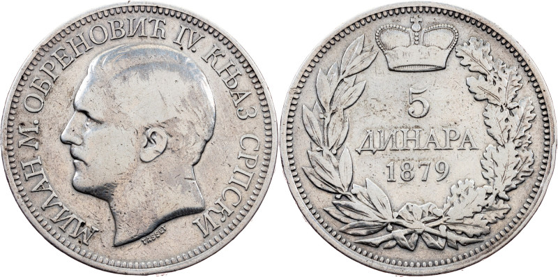 Serbia, 5 Dinars 1879 Serbia, Milan Obrenović IV, 5 Dinars 1879, 24,776 g, Silve...