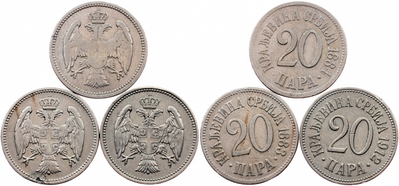 Serbia, 20 Para 1883, 1884, 1912 Serbia, Milan I, Peter I, 20 Para 1883, 1884, 1...