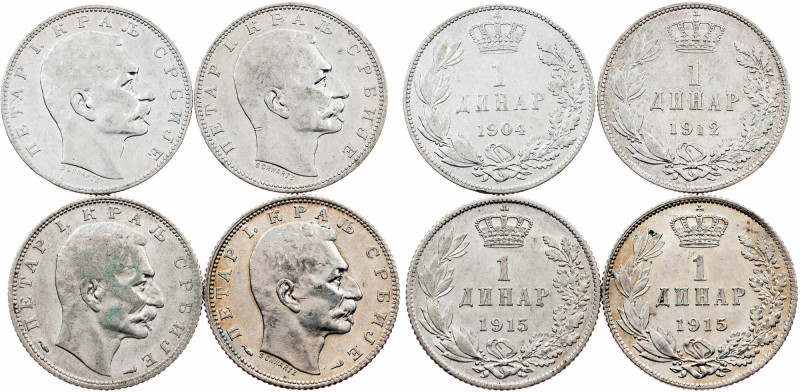 Serbia, 1 Dinar 1904, 1912, 1915, 1915 Serbia, Peter I, 1 Dinar 1904, 1912, 1915...