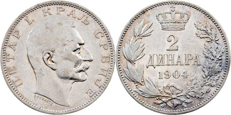 Serbia, 2 Dinars 1904 Serbia, Peter I, 2 Dinars 1904, 9,951 g, Silver (835/1000)...