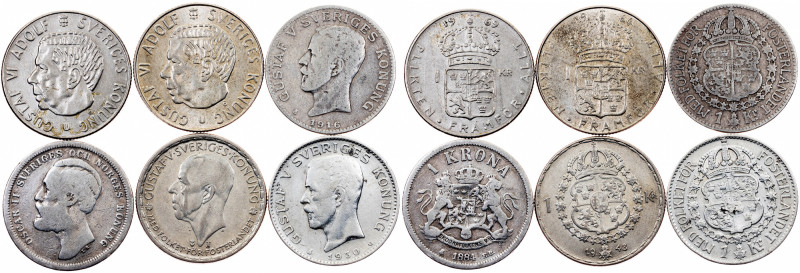 Sweden, 1 Krona 1884-1969 Sweden, 1 Krona 1884-1969, Silver, Lot of 6pcs; VF-EF+...