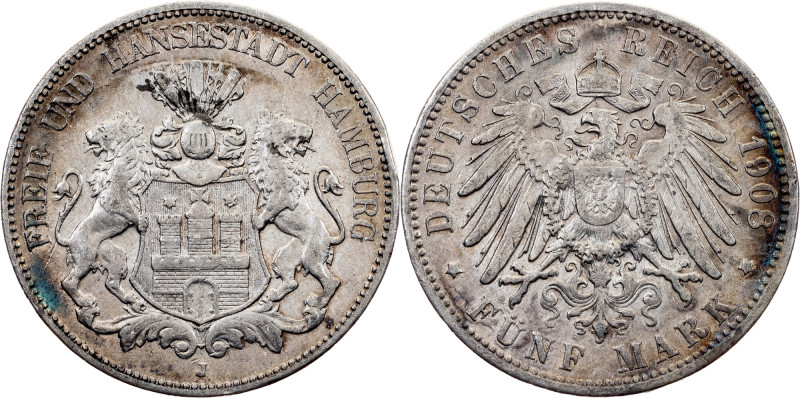 Germany, 5 Mark 1908, J Free Hanseatic city of Hamburg, 5 Mark 1908, J, 27,688 g...
