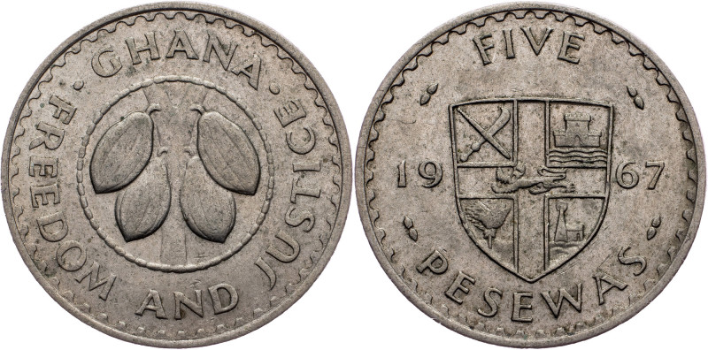 Ghana, 5 Pesewas 1967 Ghana, 5 Pesewas 1967, 2,891 g, Copper-nickel, KM# 15, ton...