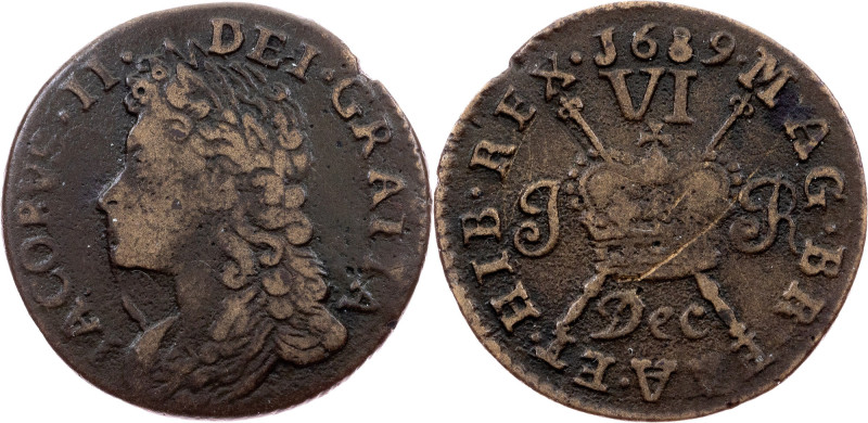 Ireland, 6 Pence 1689 Ireland, James II, 6 Pence 1689, 3 g, Brass, KM# 93, toned...