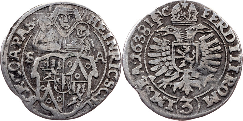 Heinrich Schlick, 3 Kreuzer 1638 Heinrich Schlick, 3 Kreuzer 1638, 1,523 g, tone...