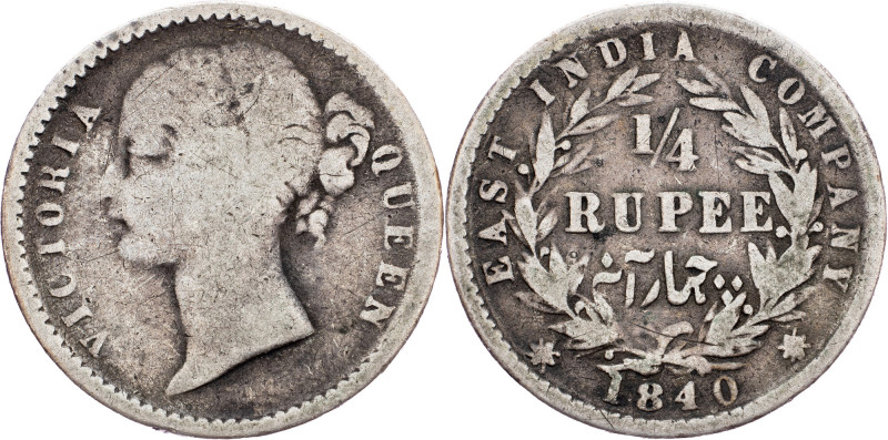 British India, 1/4 Rupee 1840, Calcutta British India, Victoria, 1/4 Rupee 1840,...