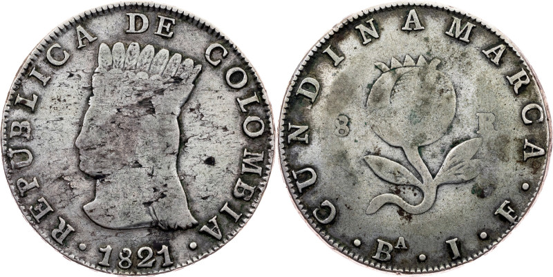 Colombia, 8 Reales 1821, Ba JF, Bogota Colombia, 8 Reales 1821, Ba JF, Bogota, 2...