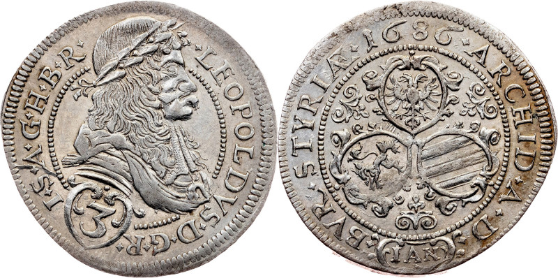 Leopold I, 3 Kreuzer 1686, Graz Leopold I, 3 Kreuzer 1686, Graz, 1,951 g, Silver...