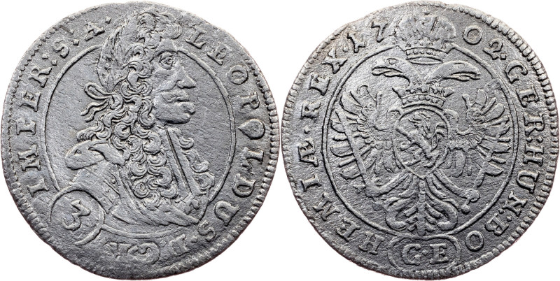 Leopold I, 3 Kreuzer 1702, Prague Leopold I, 3 Kreuzer 1702, Prague, Silver, cle...