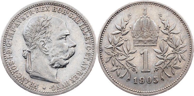 Franz Joseph I, 1 Krone 1905, Vienna Franz Joseph I, 1 Krone 1905, Vienna, Silve...