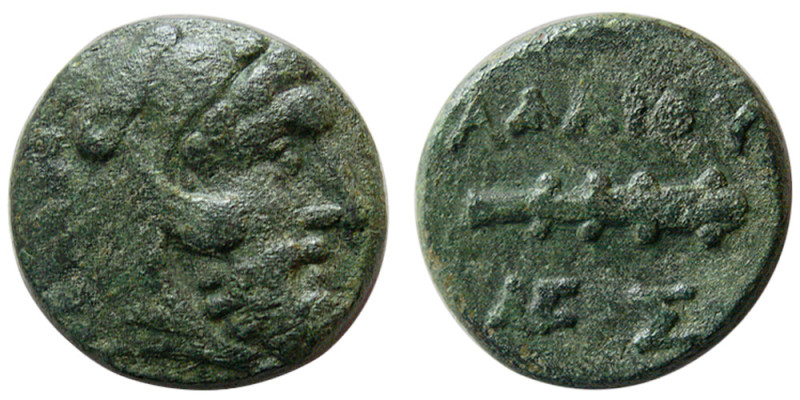 MACEDON, Thessalonica. 187-31 BC. Æ (5.62 gm; 18 mm). Head of Herakles wearing l...