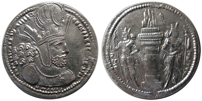 SASANIAN KINGS; Shahpur I. 240-270 AD. AR Drachm (4.46 gm; 26 mm). Bust right, w...