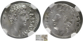 ROMAN EMPIRE, Augustus, 27 BC.- AD. 14. AR Denarius. NGC-Ch AU.