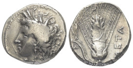 Lukanien. Metapont.

 Nomos (Silber). Ca. 330 - 290 v. Chr.
Vs: Kopf der Demeter mit Ährenkranz links.
Rs: Getreideähre, Zange auf linkem Blatt, d...