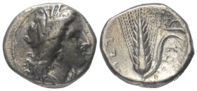 Lukanien. Metapont.

 Nomos (Silber). Ca. 330 - 290 v. Chr.
Vs: Kopf der Demeter mit Ährenkranz rechts.
Rs: Getreideähre; im Feld links Ethnikon u...