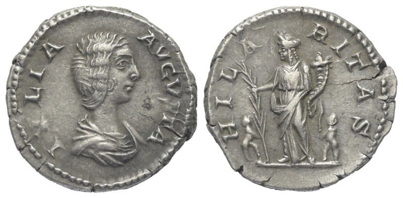 Iulia Domna (gest. 217 n. Chr.).

 Denar (Silber). 208 n. Chr. Rom.
Vs: IVLIA...