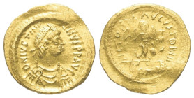 Iustinianus I. (527 - 565 n. Chr.).

 Tremissis (Gold). 527 - 565 n. Chr. Constantinopolis.
Vs: D N IVSTINIANVS P P AVG. Büste mit Diadem, Paludame...