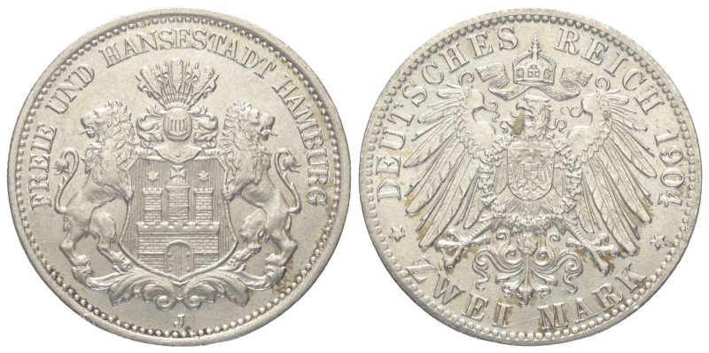 Kaiserreich. Hamburg.

 2 Mark (Silber). 1904 J. Hamburg.
Vs: Stadtwappen, ge...