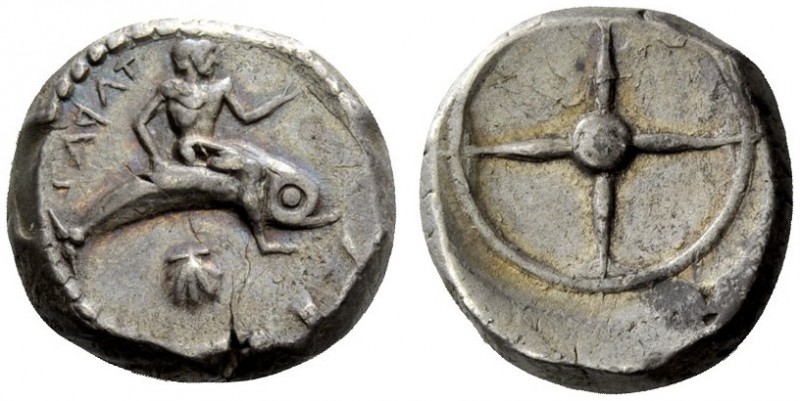 GREEK COINS 
 Calabria, Tarentum 
 Nomos circa 480-470, AR 8.12 g. TAPAS retro...