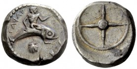GREEK COINS 
 Calabria, Tarentum 
 Nomos circa 480-470, AR 8.12 g. TAPAS retrograde Phalantus on dolphin r., raising l. hand and resting l. on dolph...