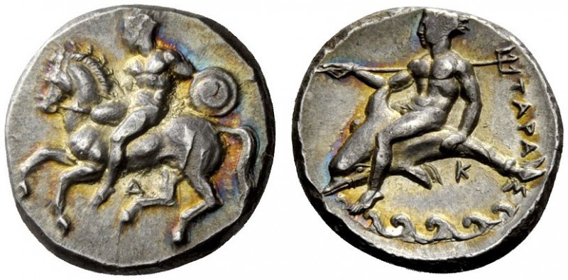 GREEK COINS 
 Calabria, Tarentum 
 Nomos circa 344-340, AR 7.99 g. Horseman ho...