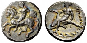 GREEK COINS 
 Calabria, Tarentum 
 Nomos circa 344-340, AR 7.99 g. Horseman holding shield and spear, about to dismount from horse galloping l.; bel...
