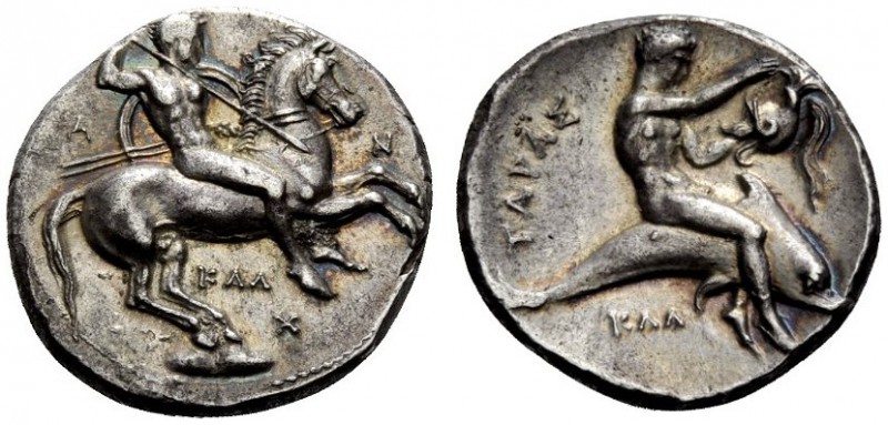GREEK COINS 
 Calabria, Tarentum 
 Nomos circa 333-330, AR 7.60 g. Armed horse...