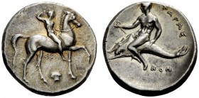 GREEK COINS 
 Calabria, Tarentum 
 Nomos circa 302, AR 7.84 g. Horseman r. crowning himself; between horse's legs, ΣA / Ionic capital. Rev. TARAS Do...