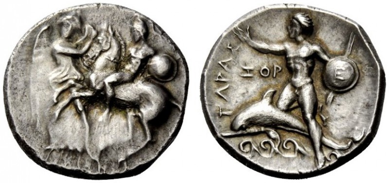 GREEK COINS 
 Calabria, Tarentum 
 Nomos circa 281-270, AR 8.09 g. Helmeted ho...
