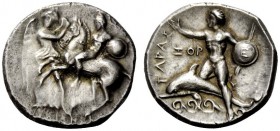 GREEK COINS 
 Calabria, Tarentum 
 Nomos circa 281-270, AR 8.09 g. Helmeted horseman with shield and spear on prancing horse restrained by Nike stan...